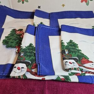 Vgt Christmas Cloth  Snowmen Design Blue Border Cotton/linen 7pcs 16"×16"